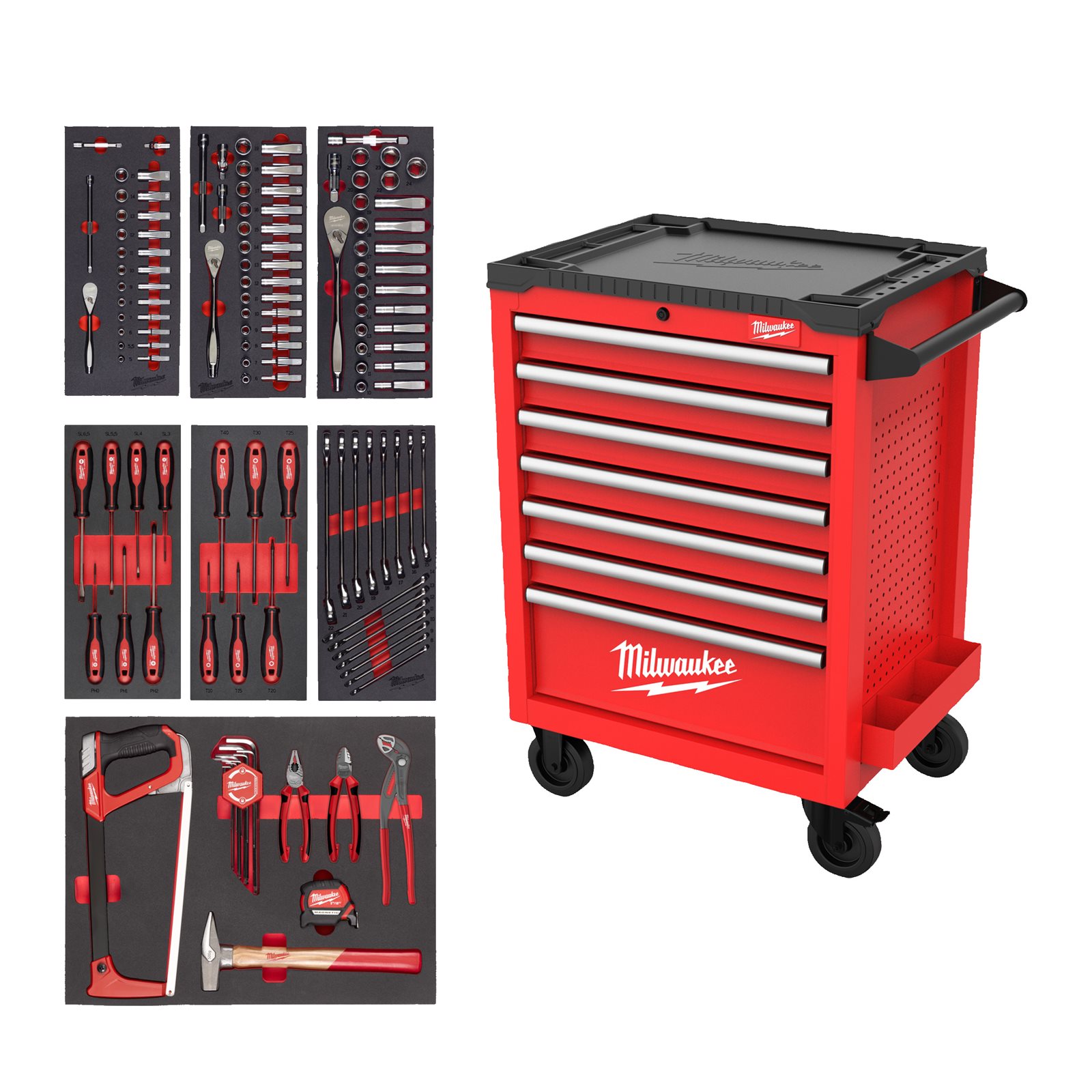 TOOLGUARD Dulap de scule mobil, echipat cu 7 sertare, metalic, 69 cm dotat cu 131 buc scule universale 131pc Milwaukee 4932499182