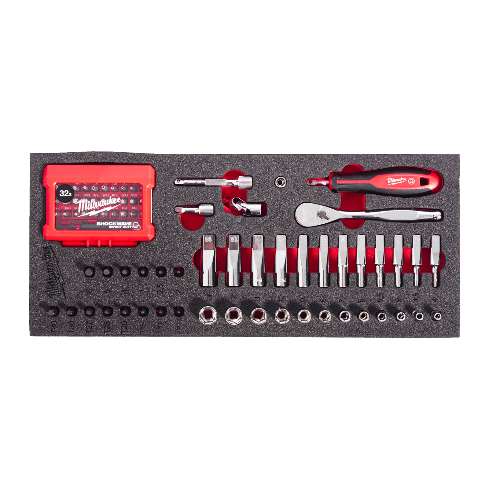 Inserție spumă 76 buc. antrenor cu clichet, biți și chei tubulare 1/4" 76pc Milwaukee 4932499293