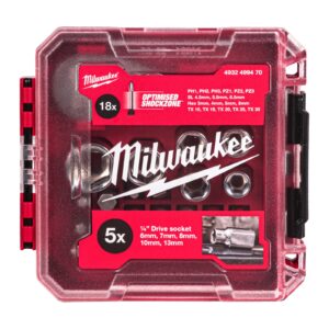 Set compact cu antrenor cu clichet 1/4", biți și chei tubulare în cutie compatibilă PACKOUT 25 buc Milwaukee