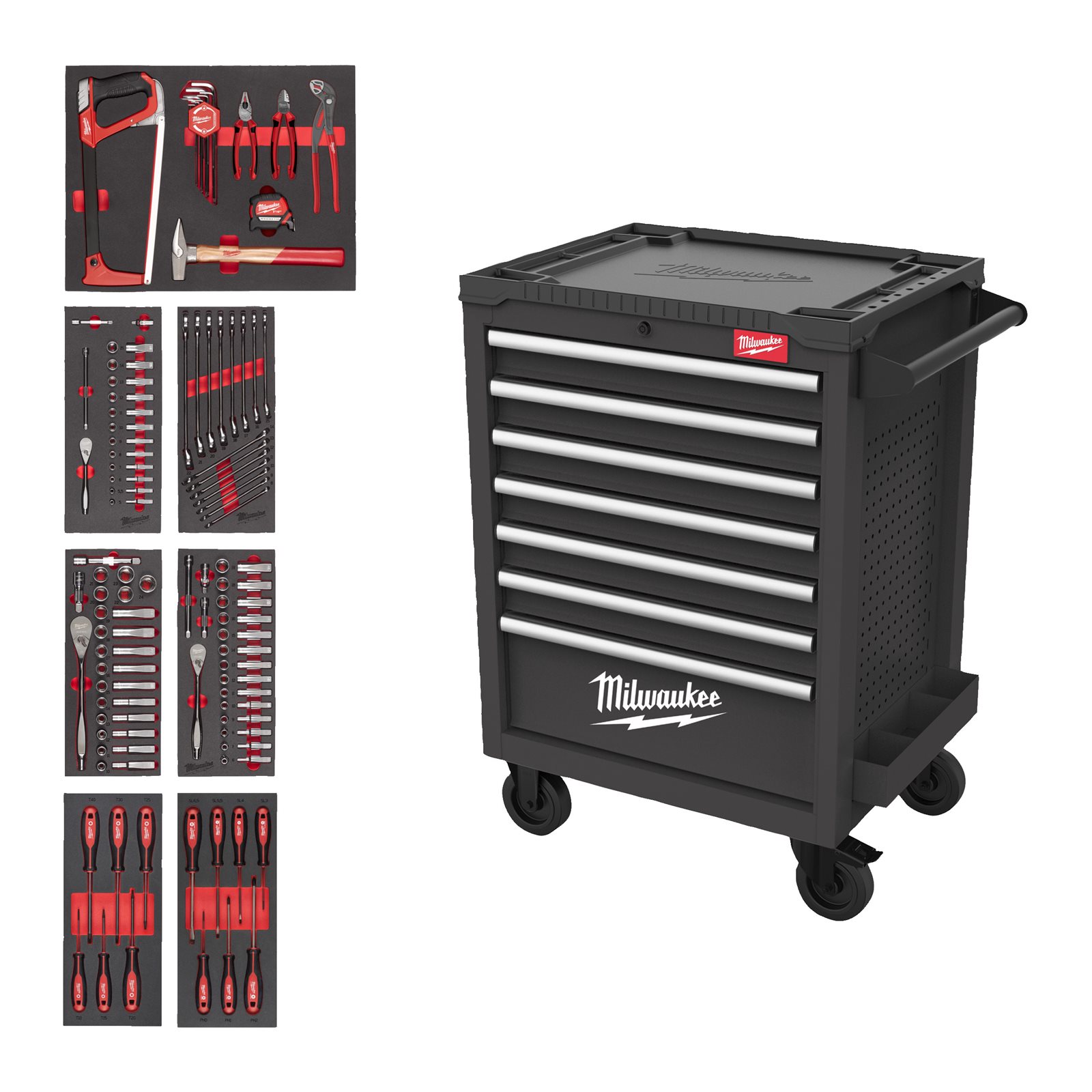 TOOLGUARD Dulap de scule mobil, echipat cu 7 sertare, metalic, 69 cm dotat cu 131 buc scule universale 69cm Milwaukee 4932500741