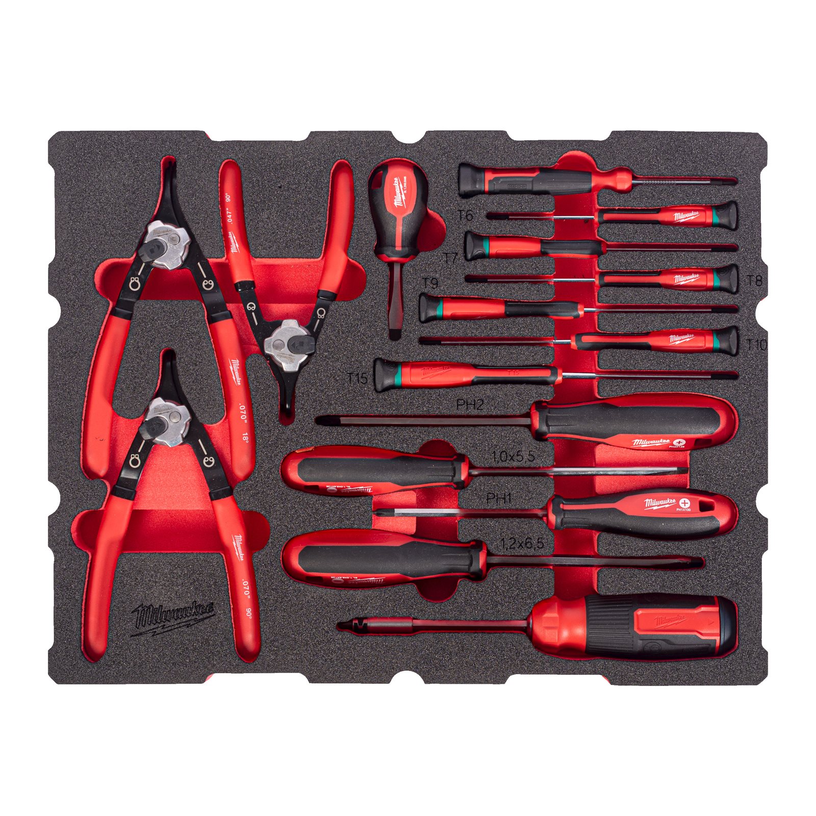Set inserție spumă PACKOUT șurubelnițe și clești pentru inele de siguranță 44 buc Milwaukee 4932501876