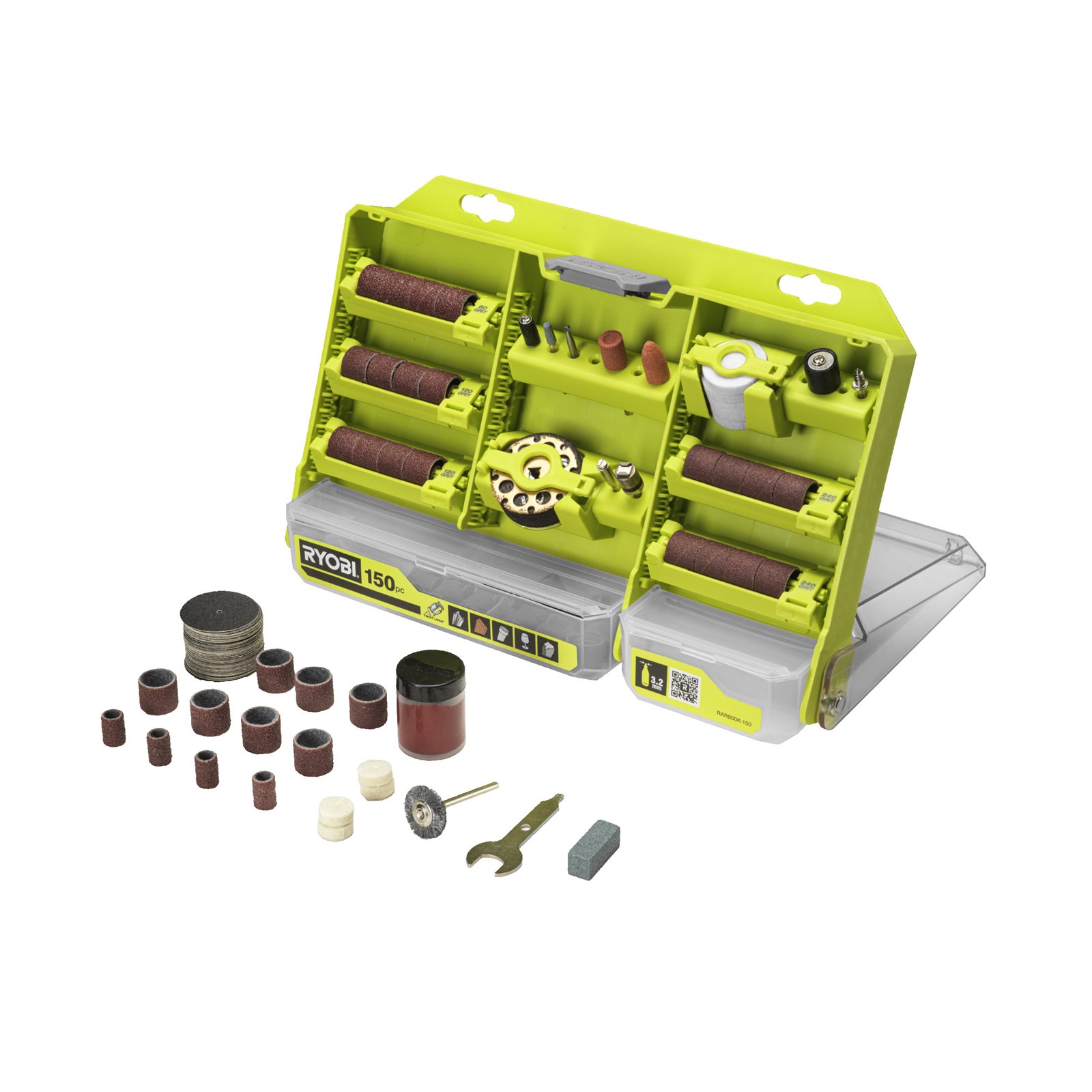 Set de accesorii multifuncționale de 150 de piese cu blocare prin răsucire Ryobi RAR800K-150