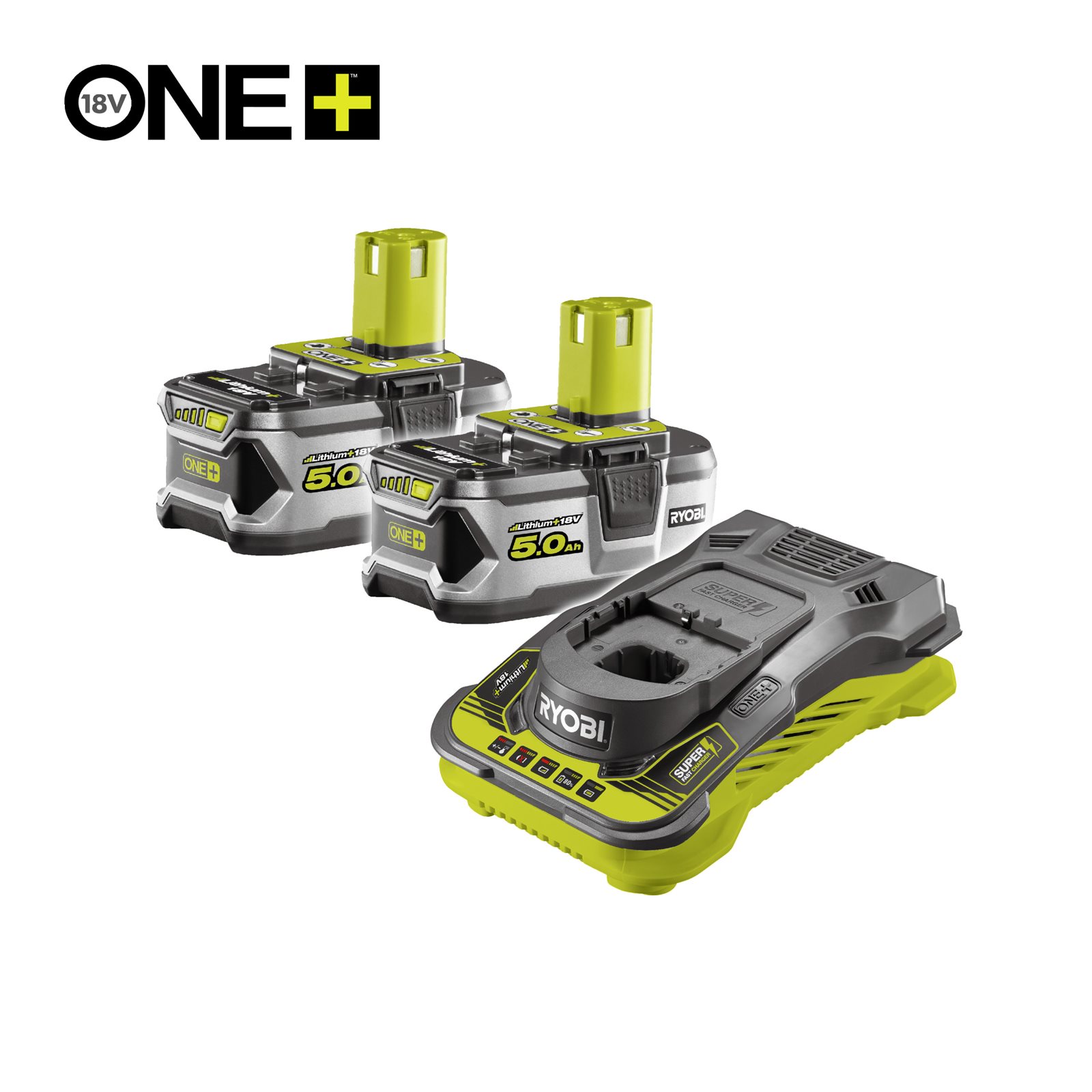 2x acumulatori litiu+ de 5.0Ah și încărcător Ryobi RC18150-250
