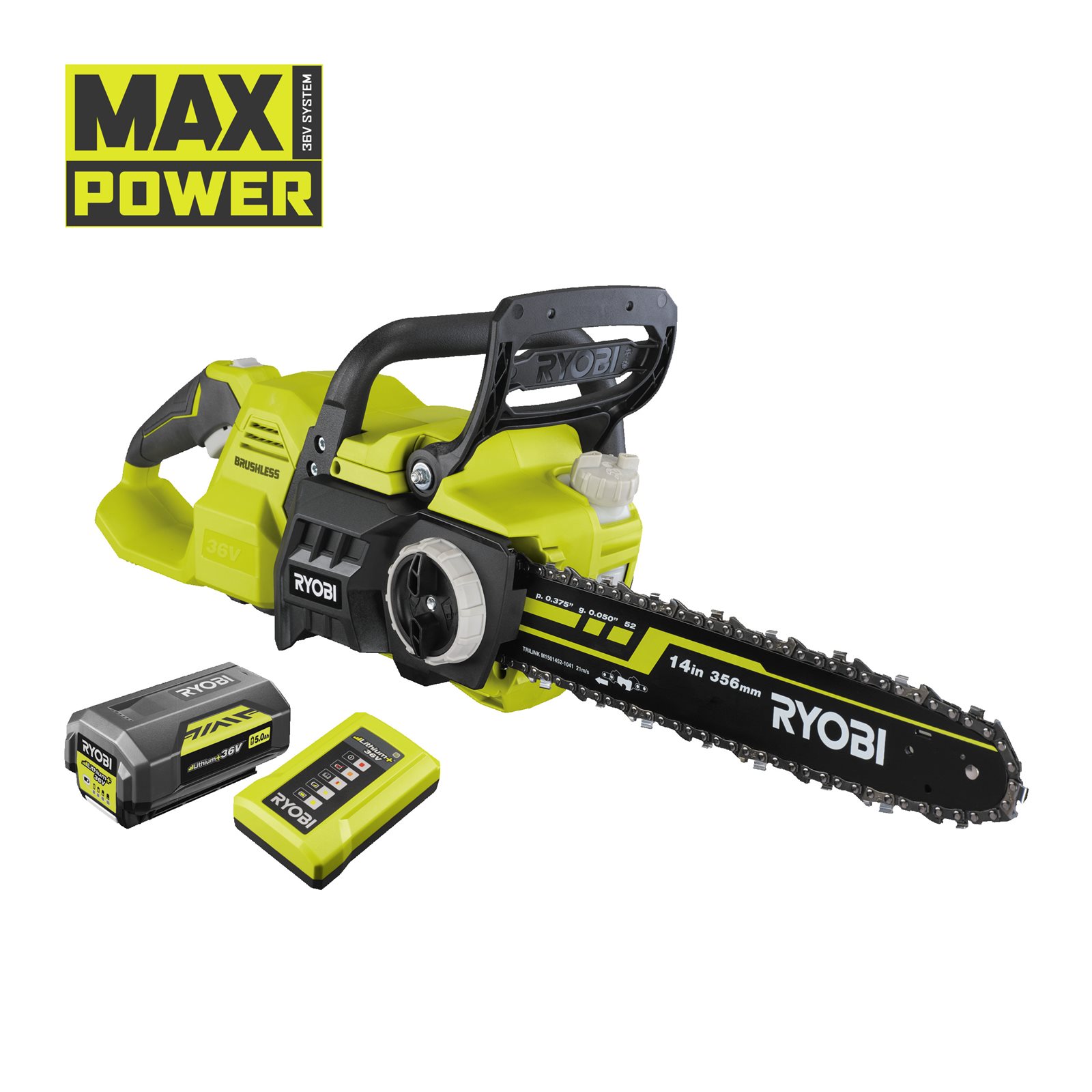 Fierăstrău cu lanț 36V MAX POWER , motor fără perii, lamă 35cm (1 x 5,0Ah) Ryobi RY36CSX35A-150